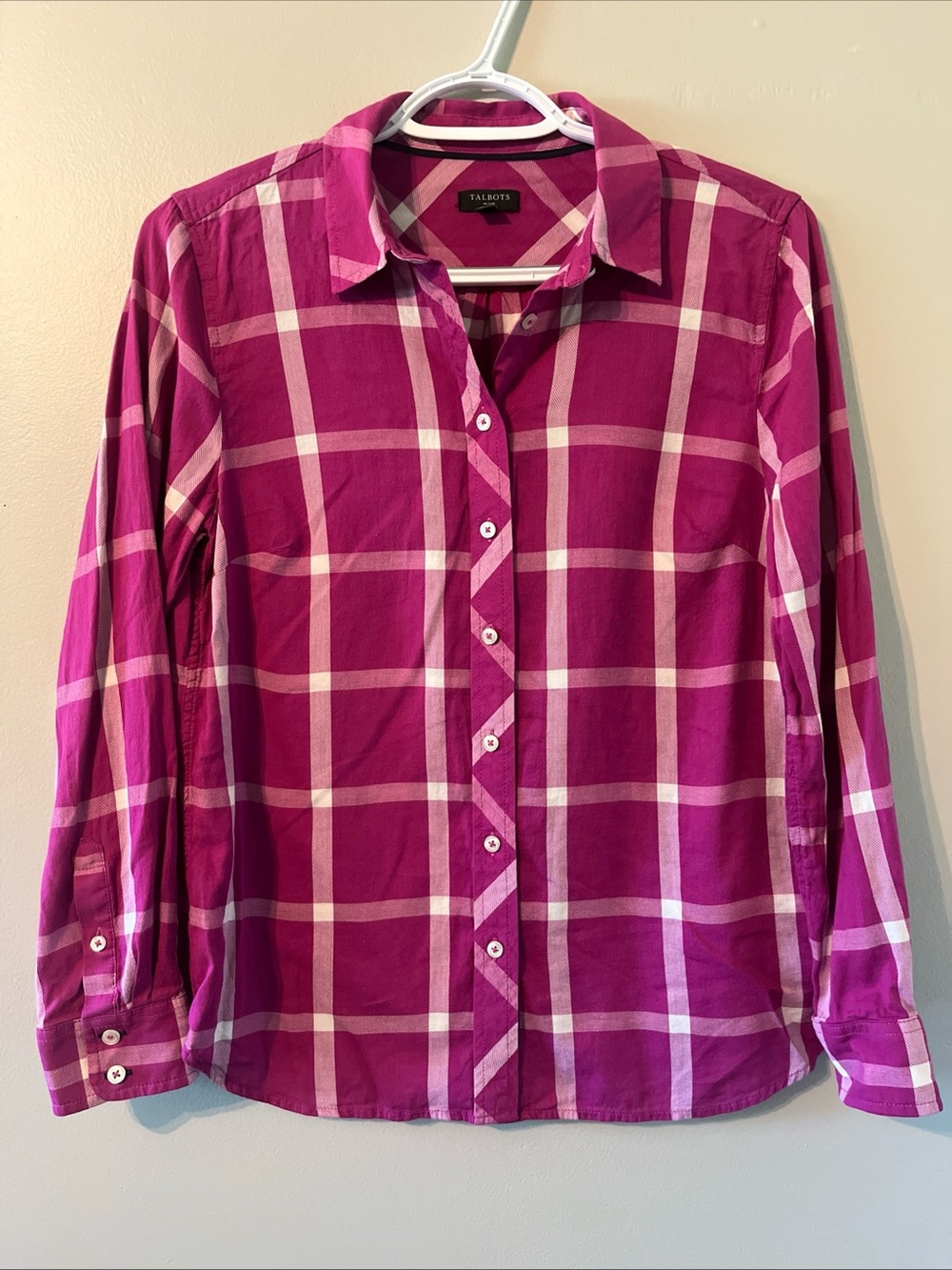 Women’s Talbots Petite Pink White Checkered Button Up Long Sleeve Shirt SP